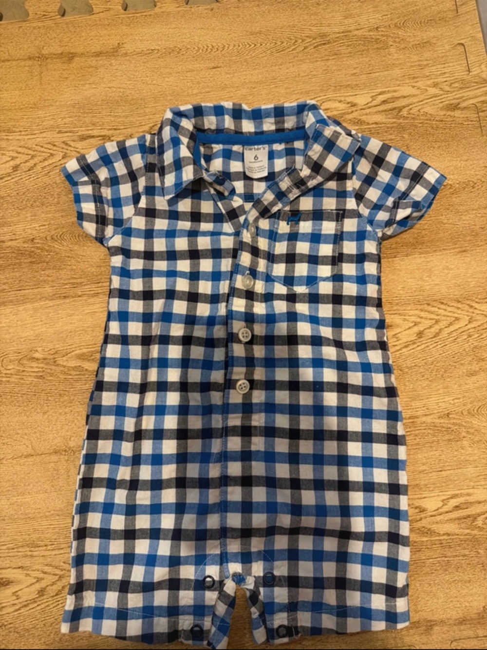 Carter's Blue, White and Black Plaid Button Romper